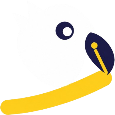 Mascote do Griffo — um griffo branco com bico de caneta sobre um traço de marca-texto amarelo